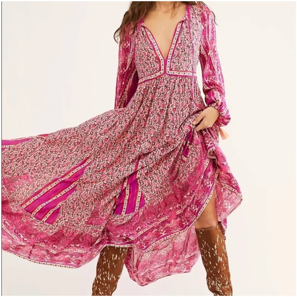 Free People Happy Feelings Maxi Dress Pink Floral Paisley Boho Tassel XS Western